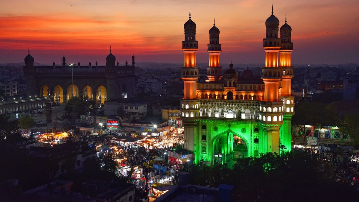 Charminar is illuminated in the colours of the national flag in Hyderabad. Credit: PTI Photo