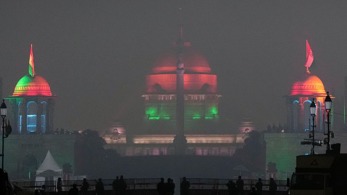 Rashtrapati Bhavan illuminated ahead of Republic Day, in New Delhi. Credit: PTI Photo