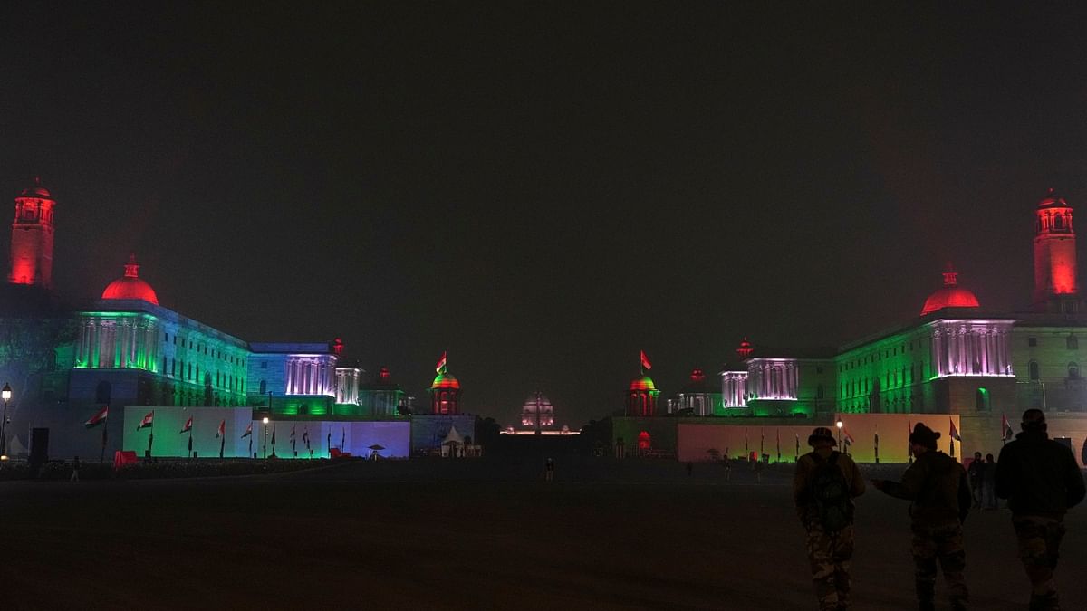 Raisina Hills illuminated ahead of Republic Day, in New Delhi. Credit: PTI Photo