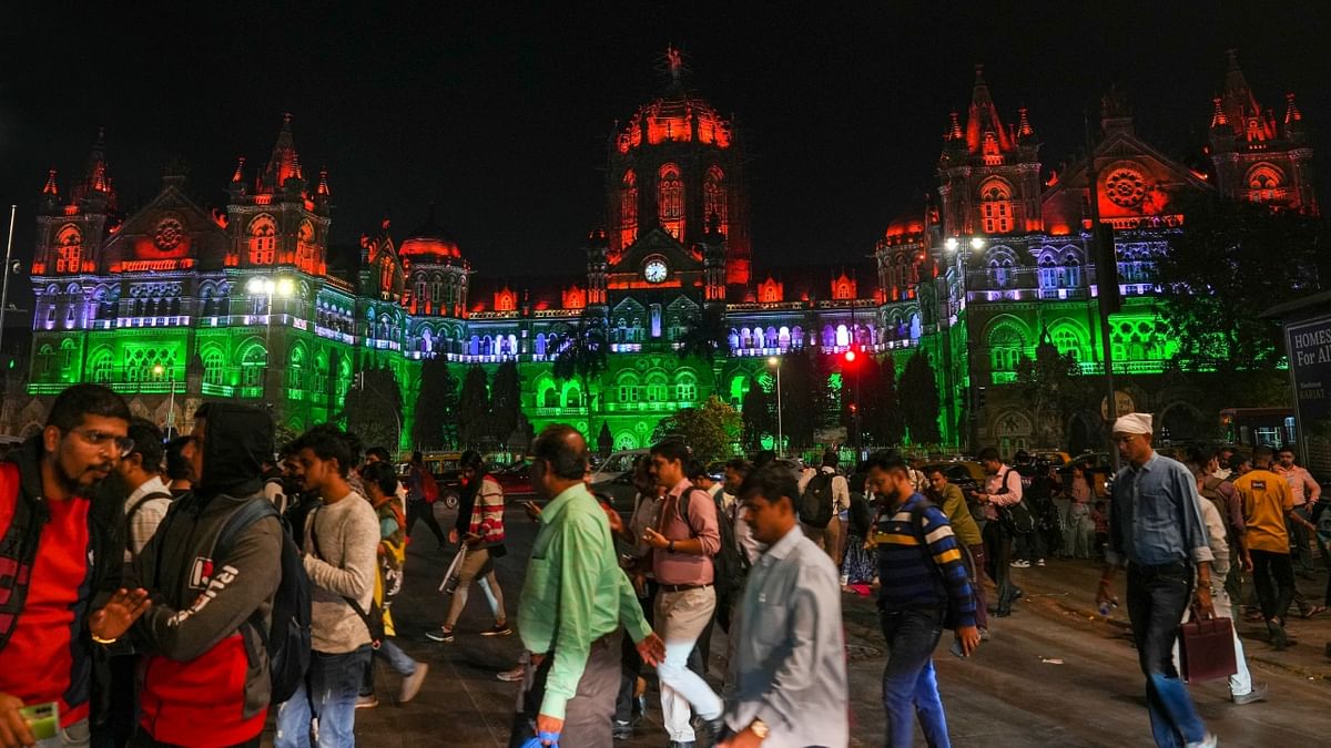 Mumbai's CSMT (Chhatrapati Shivaji Maharaj Terminus) is illuminated in the colours of tricolour on the eve of Republic Day. Credit: PTI Photo