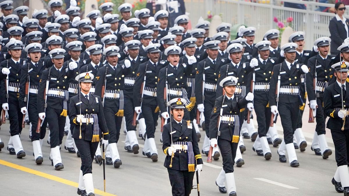 Naval contingent led by Lt Cdr Disha Amrith marches past during the 74th Republic Day Parade at the Kartavya Path, in New Delhi. Credit: PTI Photo