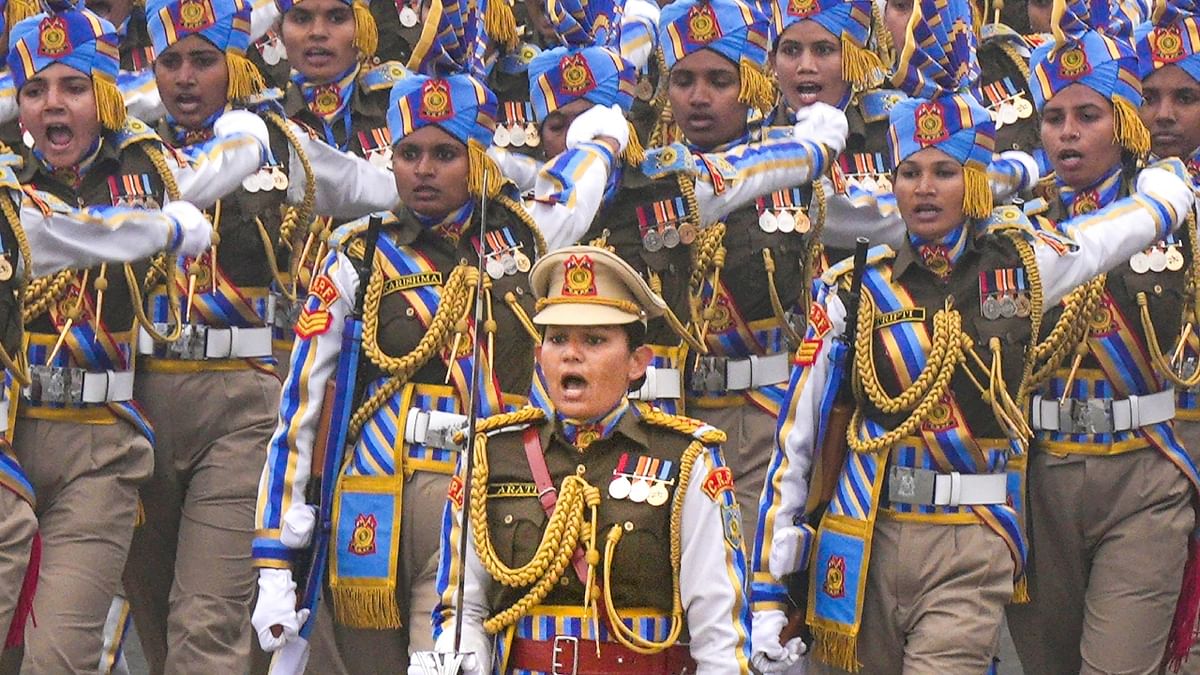 Women personnel in a marching contingent of the Central Reserve Police Force (CRPF) during the 74th Republic Day Parade at the Kartavya Path, in New Delhi. Credit: PTI Photo