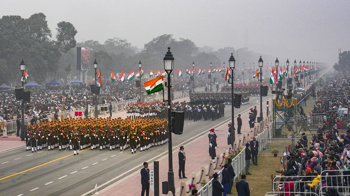 Contingents of Indian Armed Forces march during the 74th Republic Day Parade at the Kartavya Path, in New Delhi. Credit: PTI Photo