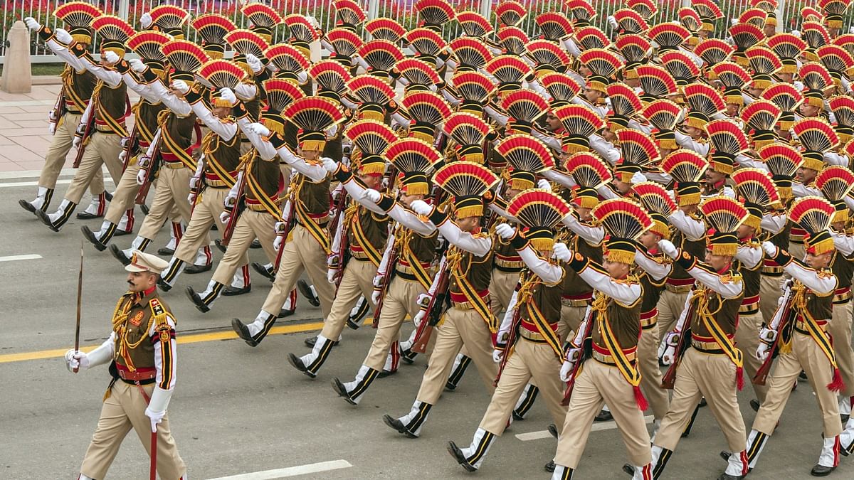 A contingent of Delhi Police marches past during the 74th Republic Day parade at the Kartavya Path, in New Delhi. Credit: PTI Photo