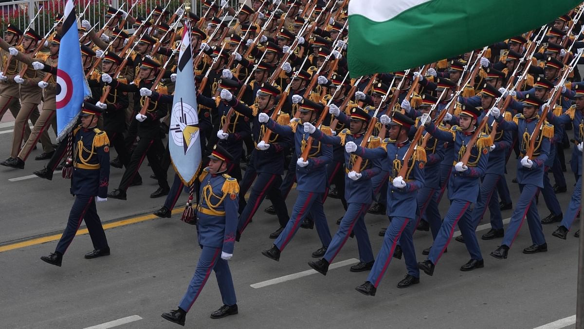 A military contingent from Egypt marches past during the 74th Republic Day Parade at Kartavya Path, in New Delhi. Credit: PTI Photo