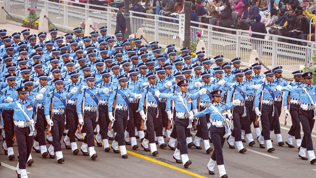 Indian Air Force's (IAF) marching contingent led by Sqn Ldr Sindhu Reddy during the 74th Republic Day Parade at the Kartavya Path, in New Delhi. Credit: PTI Photo