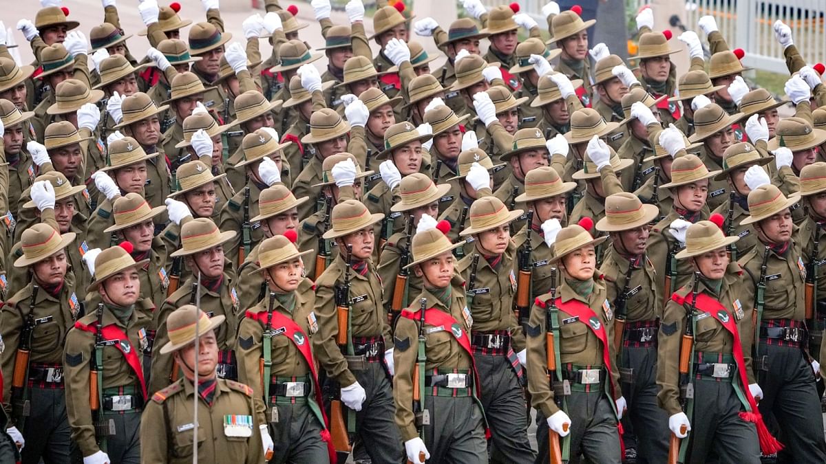 Marching contingent of the Gorkha Brigade during the 74th Republic Day Parade at the Kartavya Path, in New Delhi. Credit: PTI Photo
