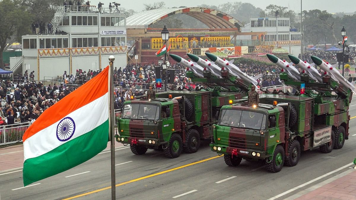 Indian Armed Forces' 'Akash' missile system on display during the 74th Republic Day parade at the Kartavya Path, in New Delhi. Credit: PTI Photo
