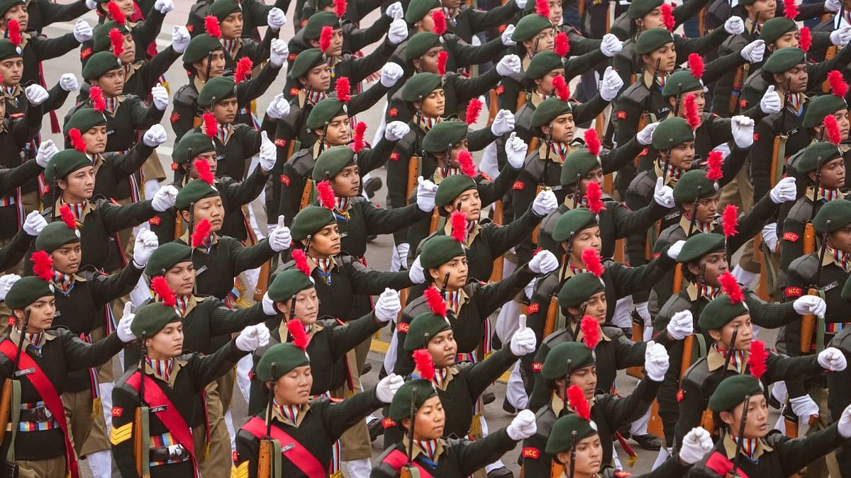 National Cadet Corps (NCC) cadets march past during the 74th Republic Day parade at the Kartavya Path, in New Delhi. Credit: PTI Photo