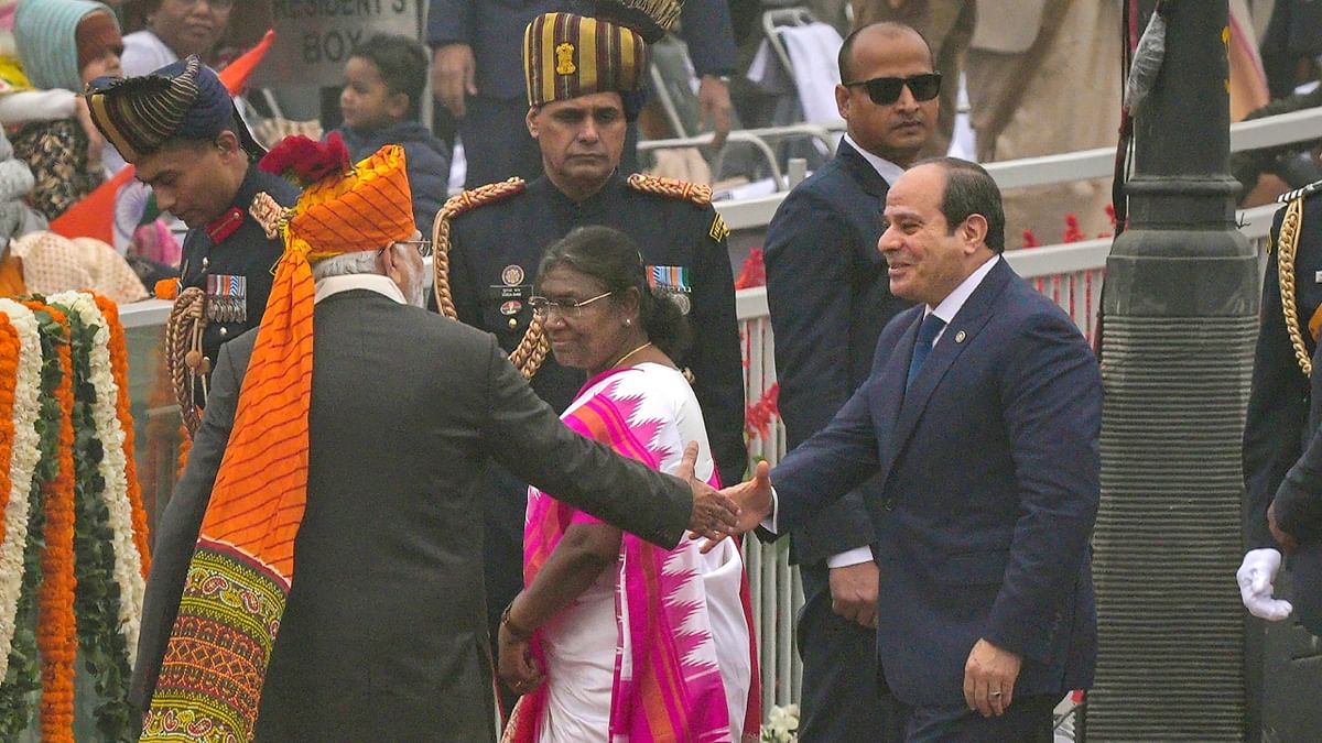 Prime Minister Narendra Modi receives President Droupadi Murmu and chief guest Egyptian President Abdel Fattah El-Sisi for 74th Republic Day Parade at the Kartavya Path, in New Delhi. Credit: PTI Photo