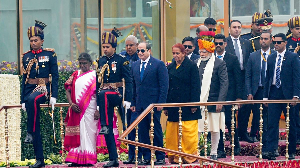 President Droupadi Murmu and chief guest Egyptian President Abdel Fattah El-Sisi with Vice President Jagdeep Dhankhar and Prime Minister Narendra Modi leave after the 74th Republic Day Parade at the Kartavya Path, in New Delhi. Credit: PTI Photo