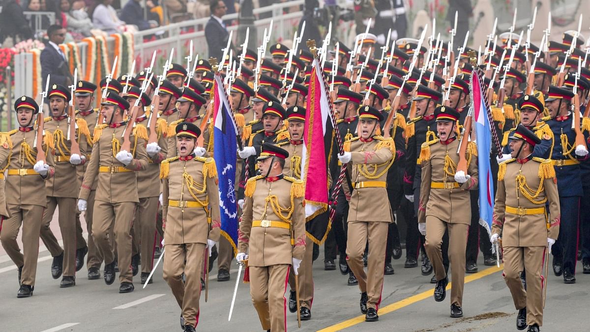 A military contingent from Egypt marches past during the 74th Republic Day Parade at the Kartavya Path, in New Delhi. Credit: PTI Photo
