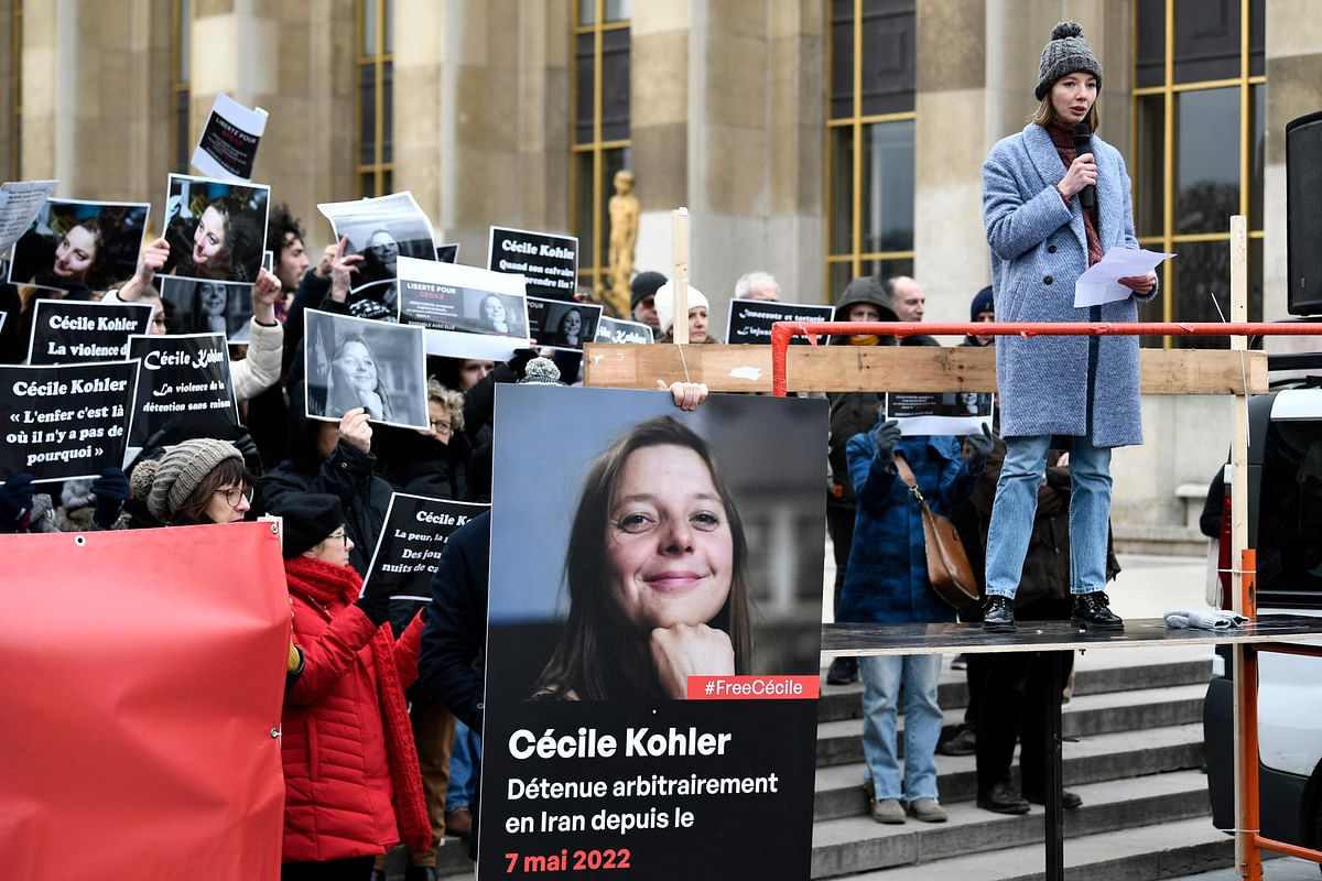 Noemie Kohler, sister of French detainee in Iran Cecile Kohler, speaks during a protest in support of French nationals detained by Iranian government, at the
