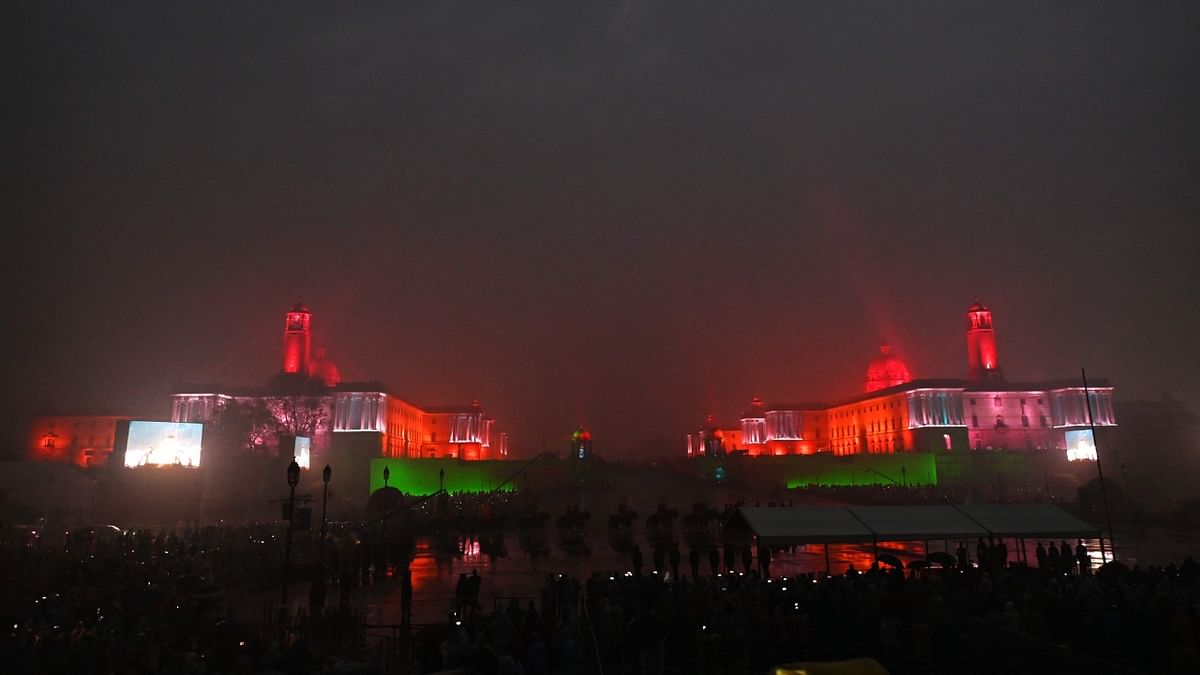 The Indian Defence Ministry, Home Ministry and Presidential Palace buildings are illuminated for the 'Beating the Retreat' ceremony in New Delhi. Credit: AFP Photo