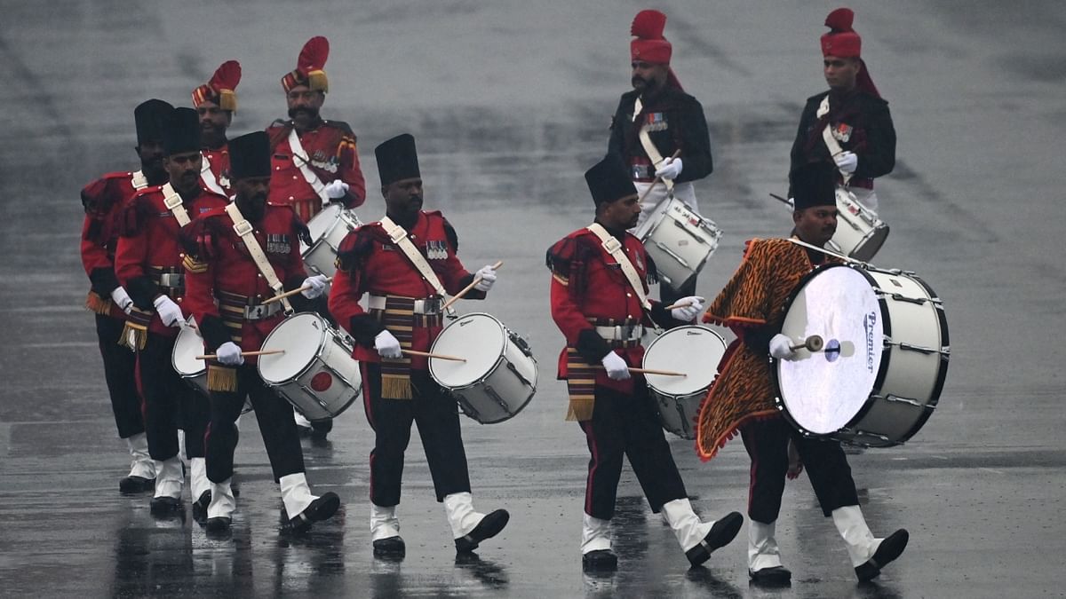 Bands played tunes of 'Aprajey Arjun', 'Charkha', 'Vayu Shakti', 'Swadeshi', 'Ekla Cholo Re', 'hum Taiyyar Hai', and 'Jai Bharati'. Credit: AFP Photo