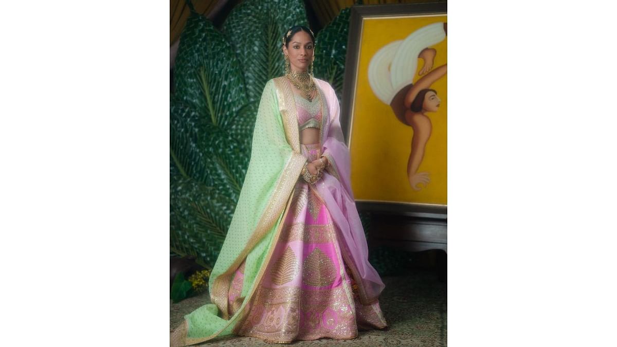 Masaba wore a custom-made 'Rani Core' lehenga by House of Masaba with her mother's jewellery for the wedding. Credit: Instagram/@masabagupta