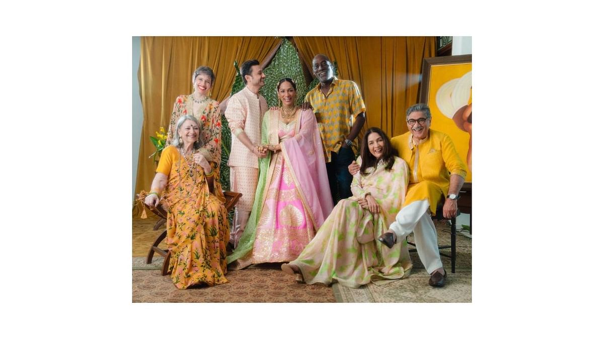 Masaba and Satyadeep pose with their parents for a family portrait. Credit: Instagram/@masabagupta