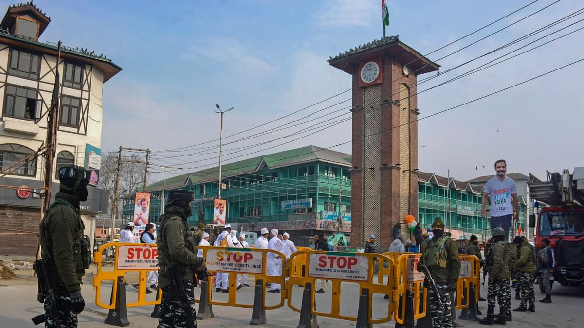 Barricades were set up and concertina wires installed at all entry points with a heavy deployment of security personnel, while shops, business establishments and the weekly flea market were closed as part of the security exercise. Credit: PTI Photo