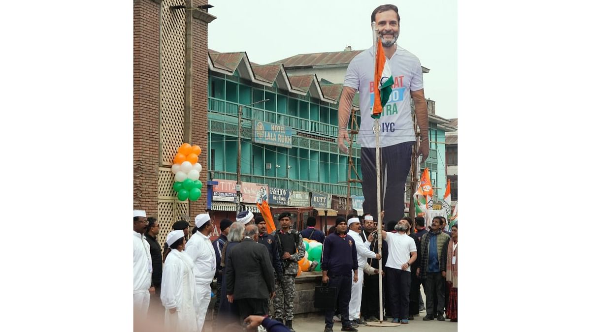 Those who were part of the march walked for about eight kilometres to Sonwar raising slogans such as 'Jodo Jodo Bharat Jodo', and along the way, were cheered and greeted by locals. Credit: PTI Photo