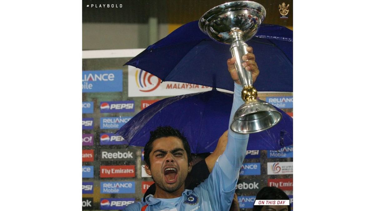 Virat Kohli-led India claimed the U-19 World Cup title in Kuala Lumpur, Malaysia, after a 12-run win (by D/L method) against South Africa in 2008. Credit: Twitter/@RCBTweets