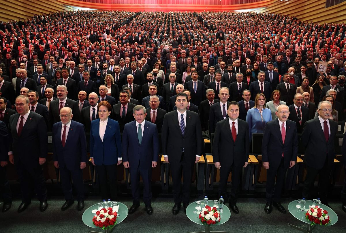 Republican People's Party (CHP) Kemal Kilicdaroglu (2rdR), IYI Party Meral Aksener (3rdL), Felicity Party (Saadet) Temel Karamollaoglu (2ndL), Democratic Party (DP) Gultekin Uysal (4thR), Future Party (Gelecek) Ahmet Davutoglu (4thL), and Democracy and Progress (DEVA) Party Ali Babacan (3rdR), belonging to the Turkish opposition alliance called National Alliance, attend a meeting to present their programme, in Ankara, on January 30, 2023. Credit: AFP Photo