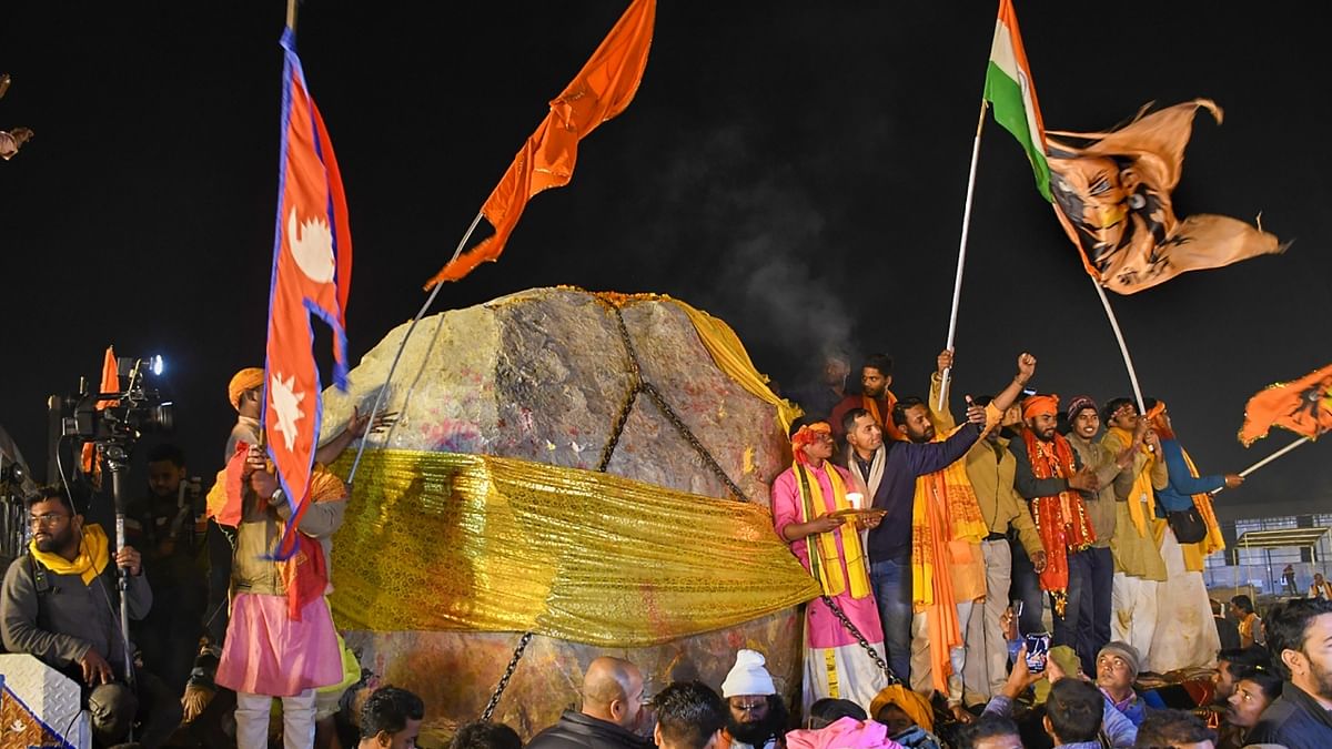 The idol of Lord Rama in his child form, carved from this stone, will be placed in the sanctum sanctorum of the Ram Temple, which is expected to be ready by Makar Sankranti festival in January next year. Credit: PTI Photo