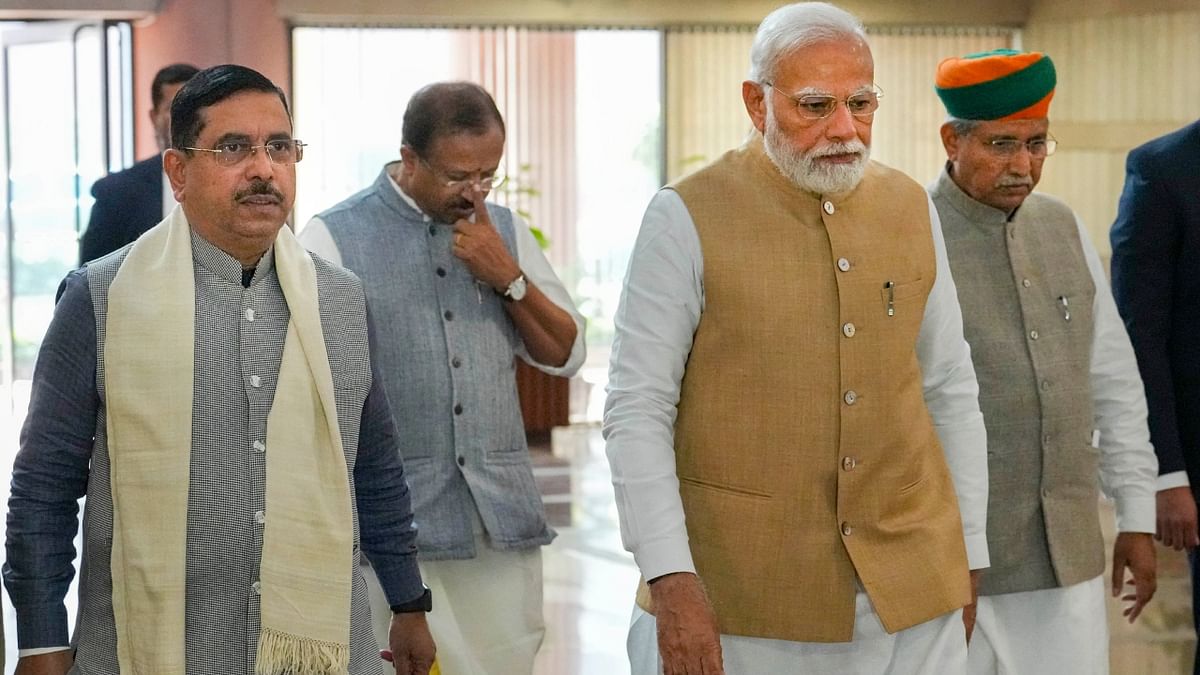 Prime Minister Narendra Modi, Union Parliamentary Affairs Minister Pralhad Joshi, Ministers of State V Muraleedharan and Arjun Ram Meghwal arrives for the BJP Parliamentary Party meeting in New Delhi. Credit: PTI Photo