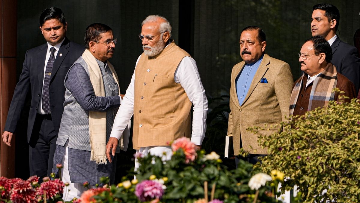 PM Modi, Pralhad Joshi, Jitendra Singh and JP Nadda leave after the BJP Parliamentary Party meeting in New Delhi. Credit: PTI Photo