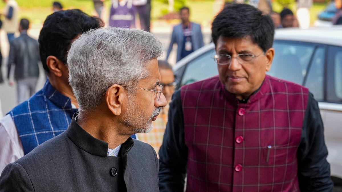 External Affairs Minister S Jaishankar and Union Minister for Commerce and Industry Piyush Goyal leave after the BJP Parliamentary Party meeting in New Delhi. Credit: PTI Photo