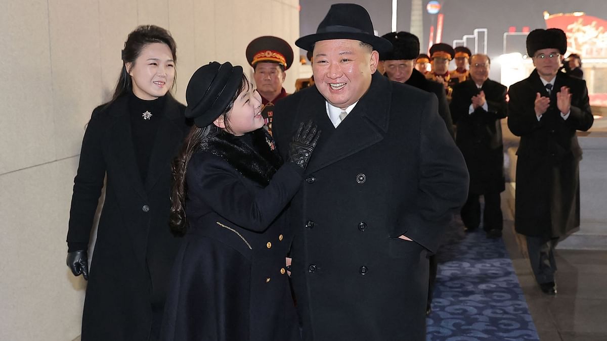 Wearing the black coat and fedora combination favoured by his grandfather and North Korea's founding leader Kim Il Sung, Kim attended the February 8 parade with his wife, Ri Sol Ju, and daughter Ju Ae. Credit: AFP Photo