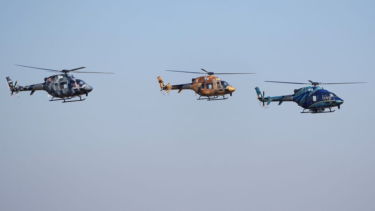 Indian Air Force's light utility helicopters during the inauguration of Aero India 2023, at Yelahanka air base in Bengaluru. Credit: PTI Photo