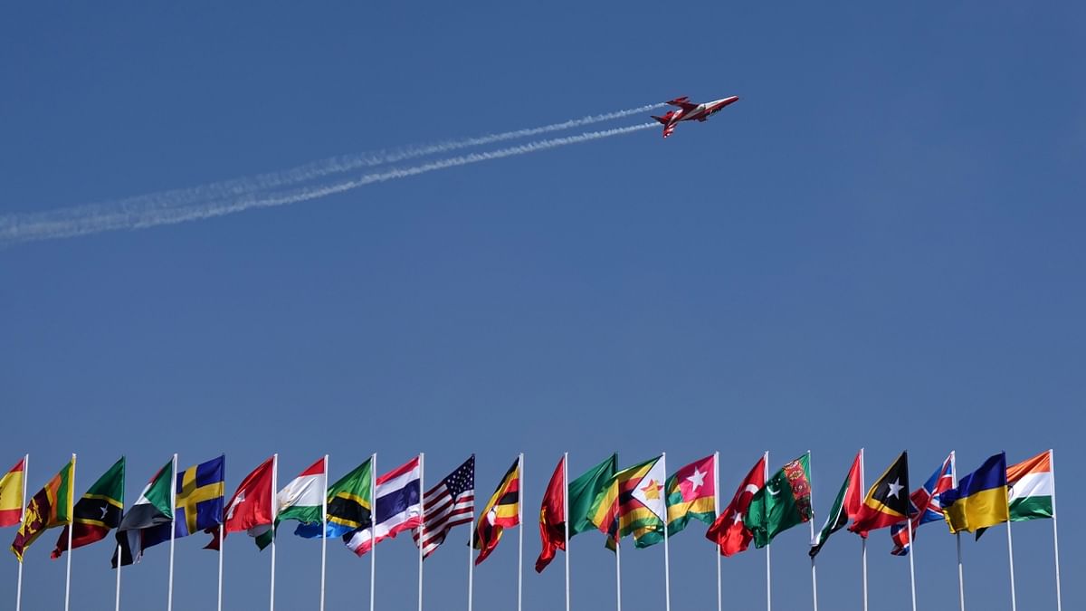 Suryakiran aerobatics team of the Indian Air Force (IAF) performs during the inauguration of Aero India 2023, at Yelahanka air base in Bengaluru. Credit: PTI Photo