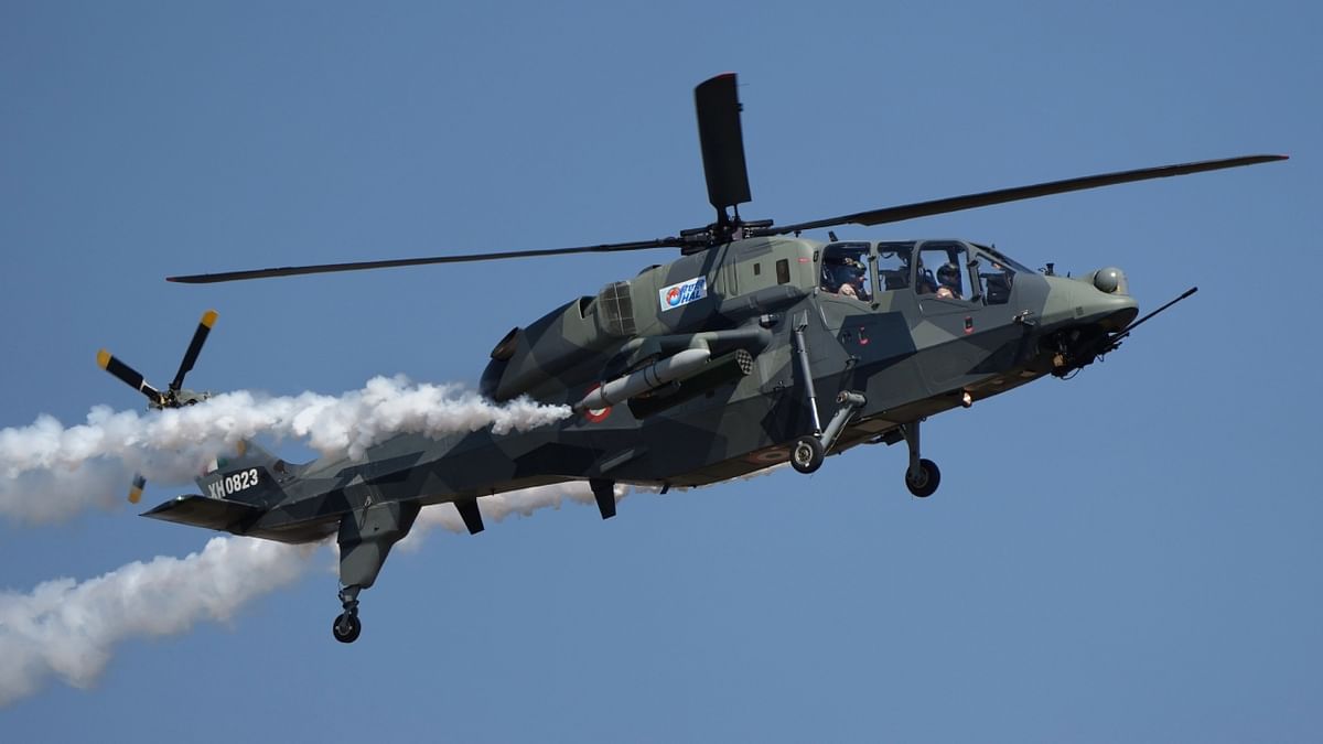 Indian Air Force's Light Combat Helicopter (LCH) performs during the inauguration of Aero India 2023 at Yelahanka air base in Bengaluru. Credit: PTI Photo