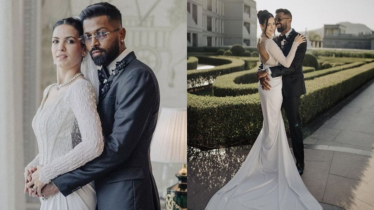 Cricketer Hardik Pandya and Natasa Stankovic renewed their wedding vows in a Christian ceremony on Valentine's Day. The couple took to social media to share dreamy pictures from their white wedding. Credit: Instagram/@hardikpandya93