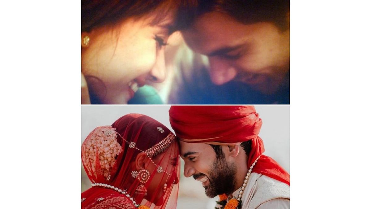 Actor Rajkummar Rao shared a a collage of two pictures with wife Patralekhaa to celebrate the day of love a memorable one. Credit: Instagram/@rajkummar_rao