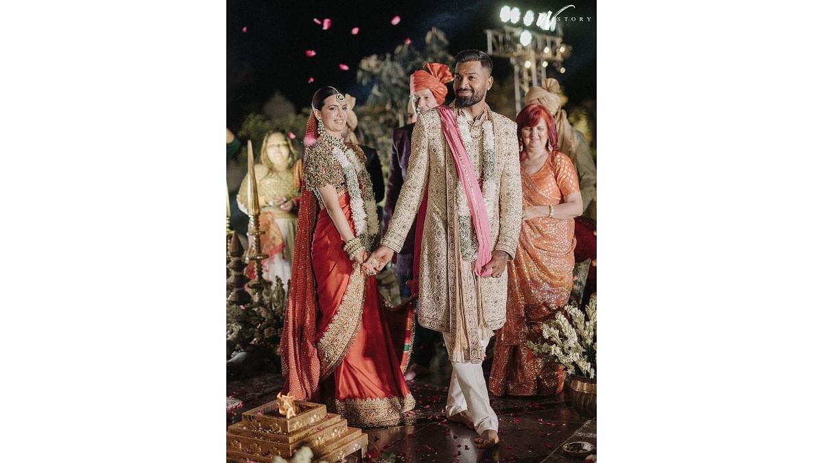 Cricketer Hardik Pandya and wife Natasa Stankovic shared a new set of wedding pictures from their wedding on social media on February 16, 2023. Credit: Instagram/@hardikpandya93