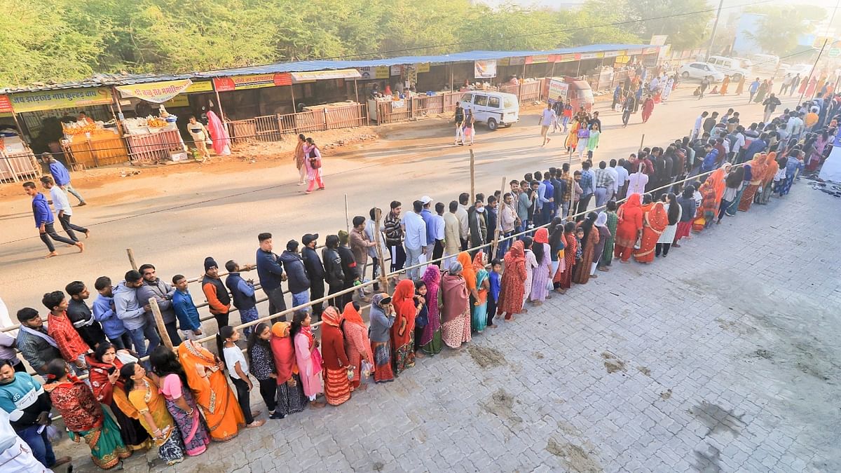 Devotees wait in queues to offer prayers at Jharkhand Mahadev temple on the occasion of 'Maha Shivratri', in Jaipur. Credit: PTI Photo