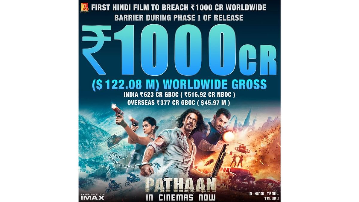 Bollywood superstar Shah Rukh Khan's 'Pathaan' refuses to slow down as it created history by becoming the first Hindi film to breach 1,000-crore milestone during the phase 1 of its release. Credit: Special Arrangement