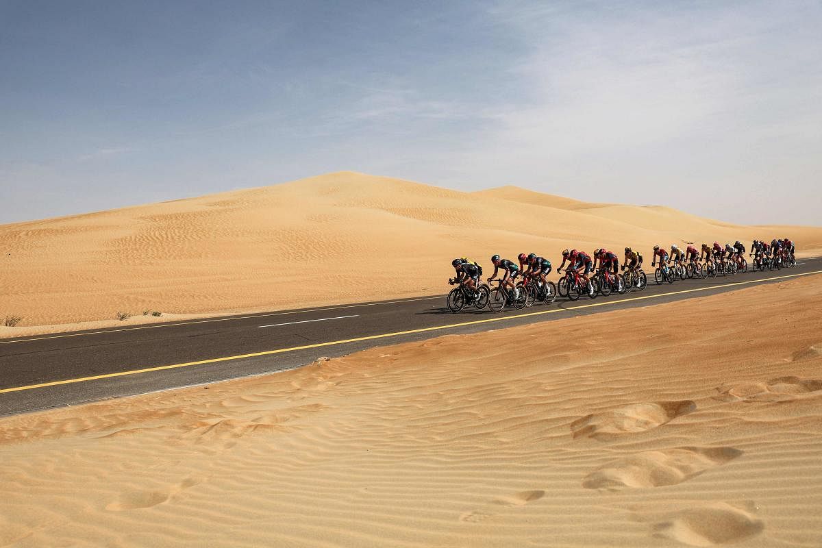 The peloton rides during the first stage of the UAE cycling tour from al-Dhafra Castle to Qassar al-Mighayra St in al-Mirfa in the emirate of Abu Dhabi. Credit: Reuters Photo