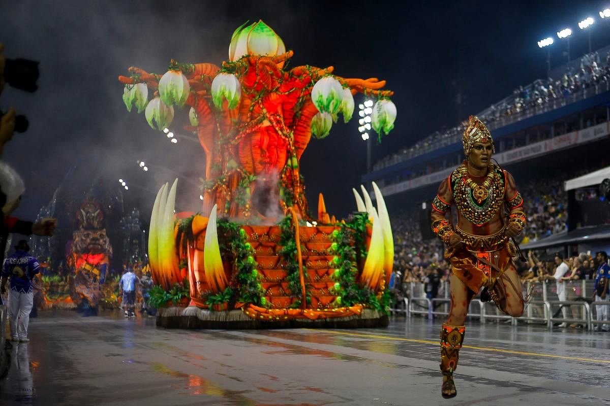 Revellers of the Imperio de Casa Verde samba school perform during the second night of carnival at the Sambadrome, in Sao Paulo, Brazil. Credit: Reuters Photo