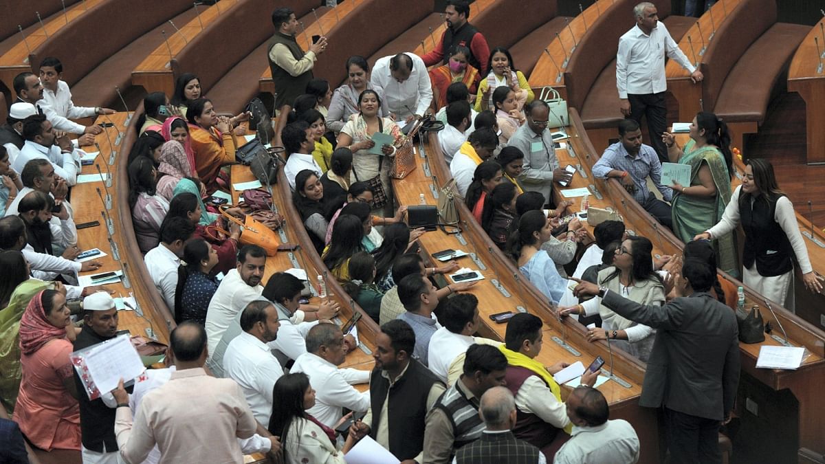 AAP Councillors during the election of Mayor and Deputy Mayor of MCD, at the Civic Centre in New Delhi. Credit: PTI Photo
