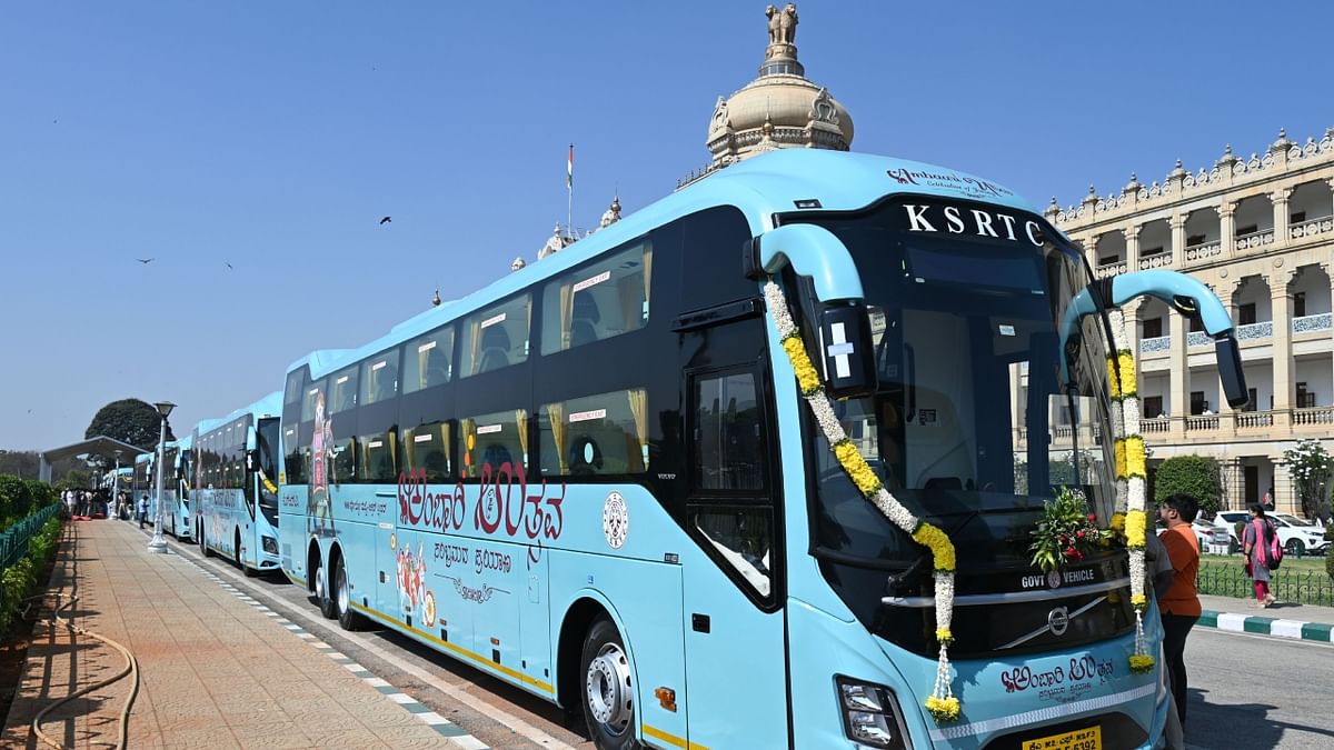 The Karnataka State Road Transport Corporation (KSRTC) launched its newest luxury sleeper bus Volvo BS VI 9600 multi-axle 'Ambaari Utsav' AC sleeper buses on February 21. Credit: DH Photo/ BK Janardhan