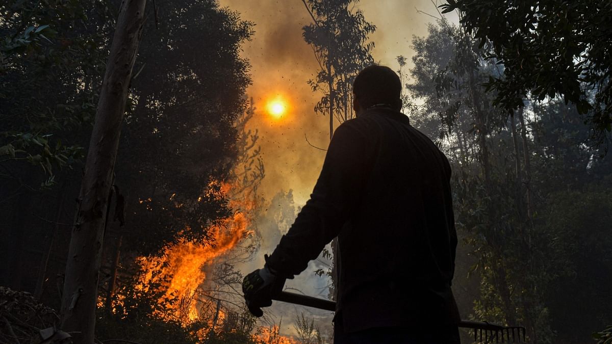 A volunteer helps fight a forest fire in El Patagual, Chile, on February 21, 2023. Credit: AFP Photo