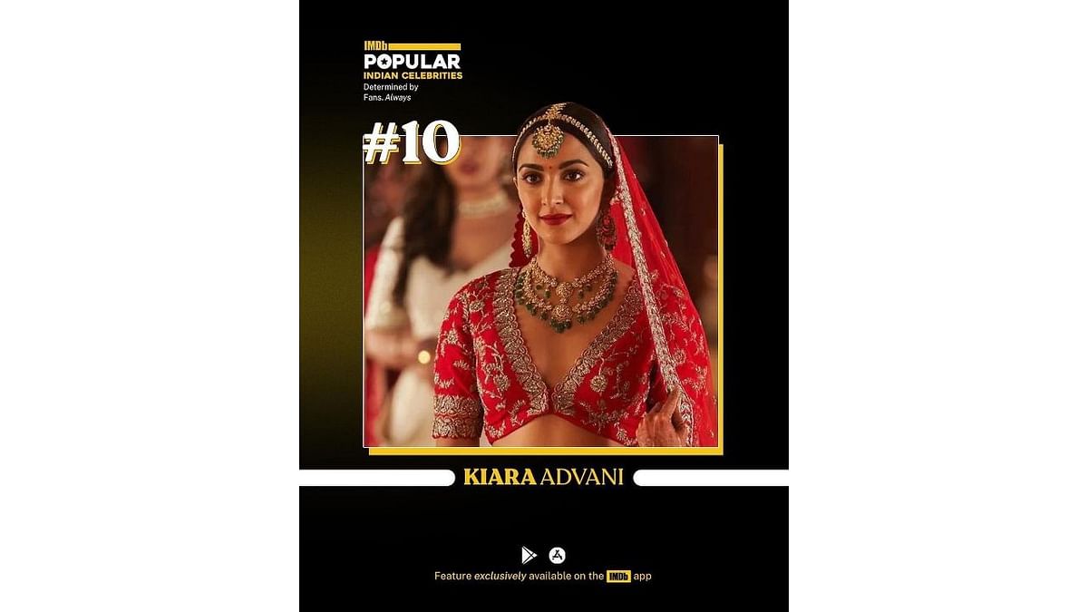 Kiara Advani, who kept the internet space buzzing with her wedding, rounded off the top ten list of IMDb’s Popular Indian Celebrities list. Credit: Special Arrangement