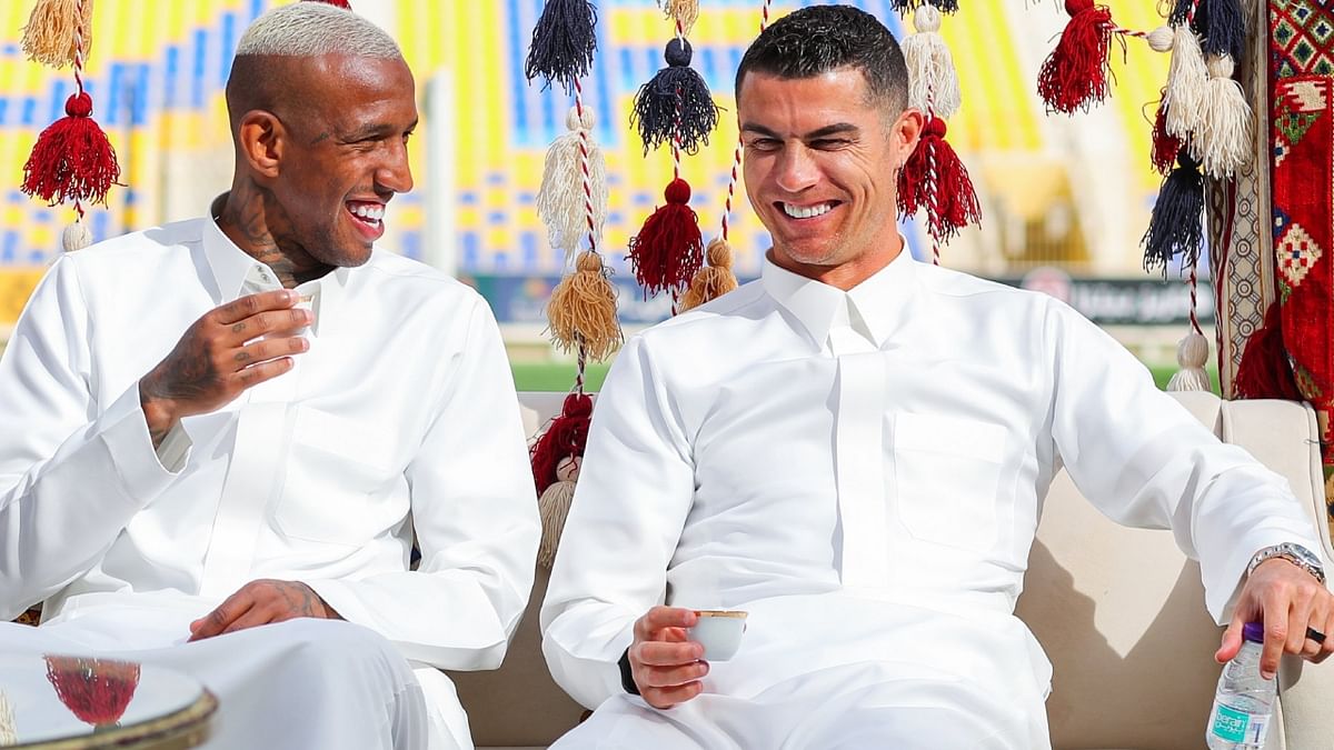 Ronaldo enjoying a wisecrack with his friend during Saudi Arabia's Founding Day celebrations at Al-Nassr Football Club in Riyadh. Credit: Instagram/@TeamCRonaldo