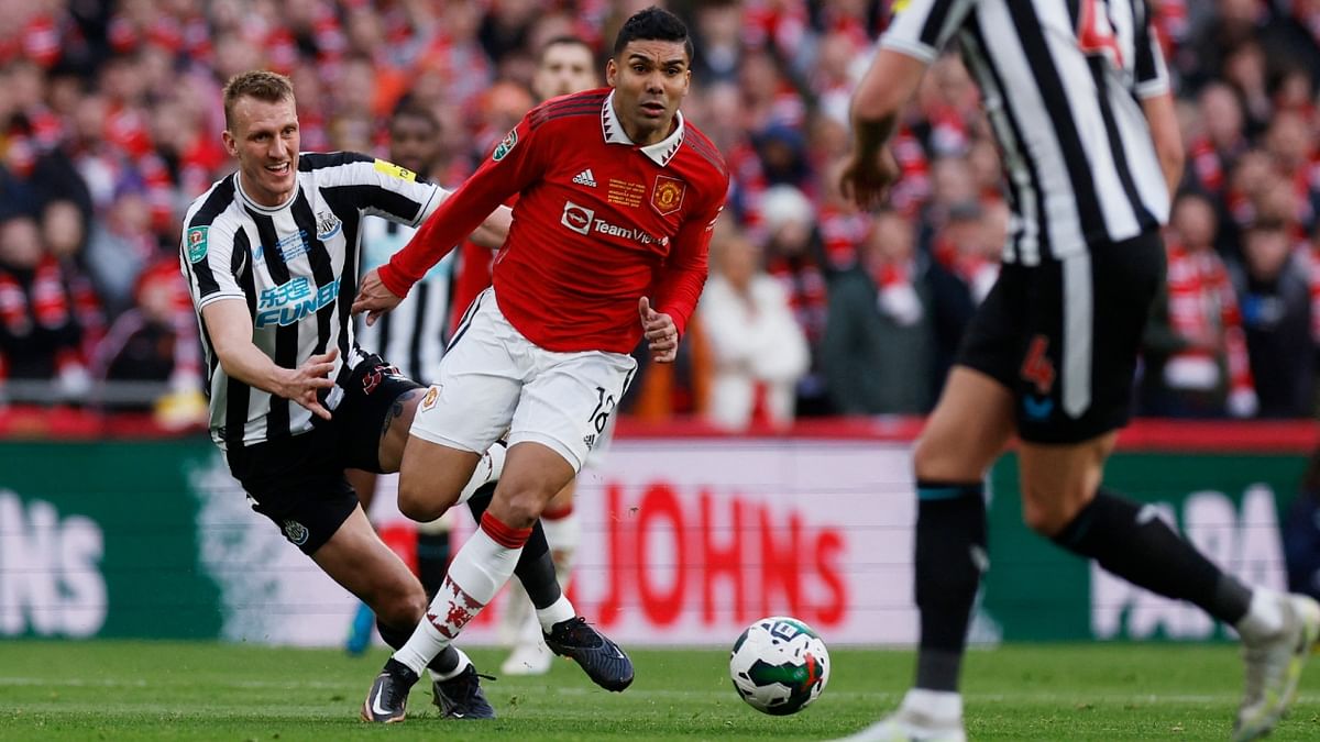 Newcastle were stunned when Brazilian Casemiro met a superb Luke Shaw free kick in the 33rd minute to head past Loris Karius, the goal allowed to stand after a VAR check for offside. Credit: Reuters Photo