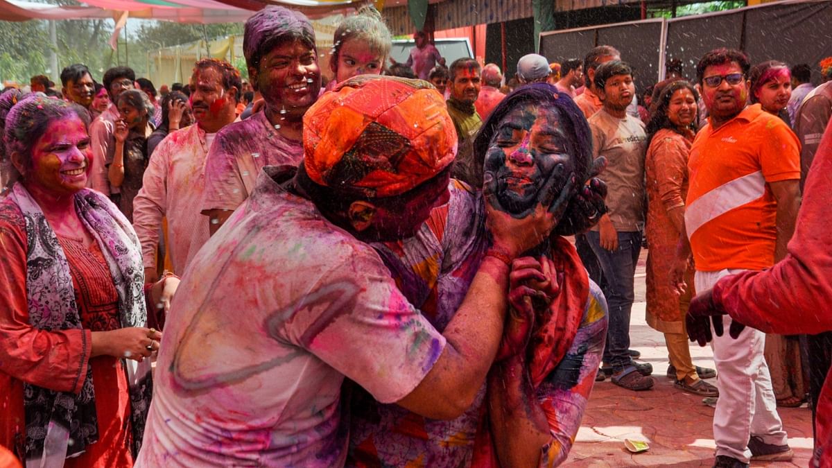 People celebrate the festival with colours, Holi, in Lucknow. Credit: PTI Photo
