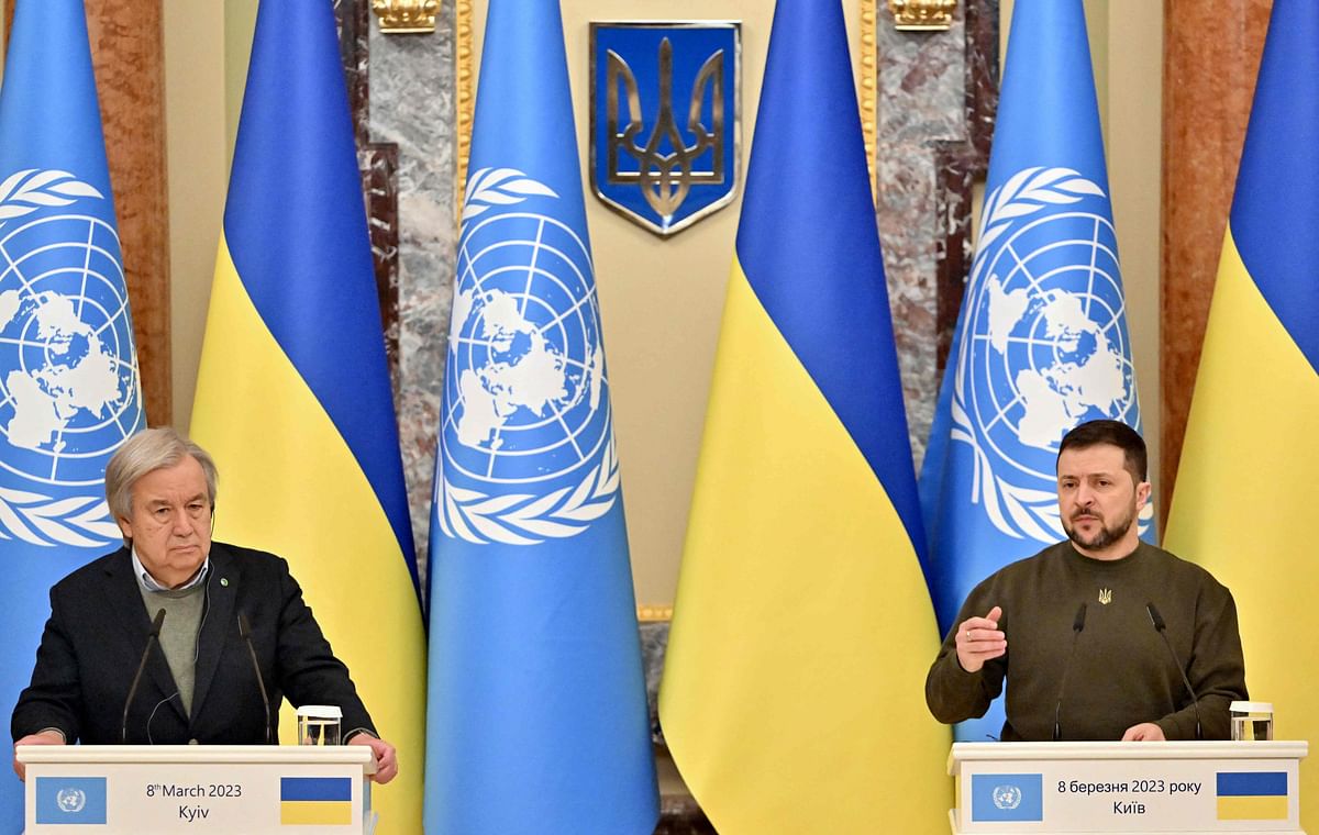 Ukrainian President Volodymyr Zelensky (R) and United Nations' Secretary-General Antonio Guterres (L) give a joint statement following their meeting in Kyiv. Credit: AFP Photo