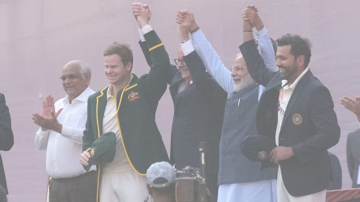 PM Modi and Albanese handed over Test caps to their respective team captains Rohit Sharma and Steve Smith. Credit: PTI Photo