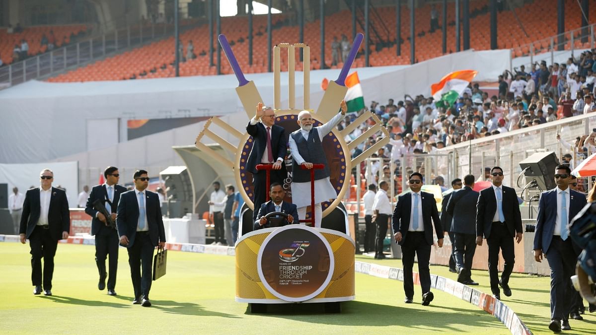 Prime Minister Narendra Modi and his Australian counterpart Anthony Albanese took a round at the Narendra Modi Stadium on a golf car before the start of the fourth Test match between India and Australia. Credit: Reuters Photo
